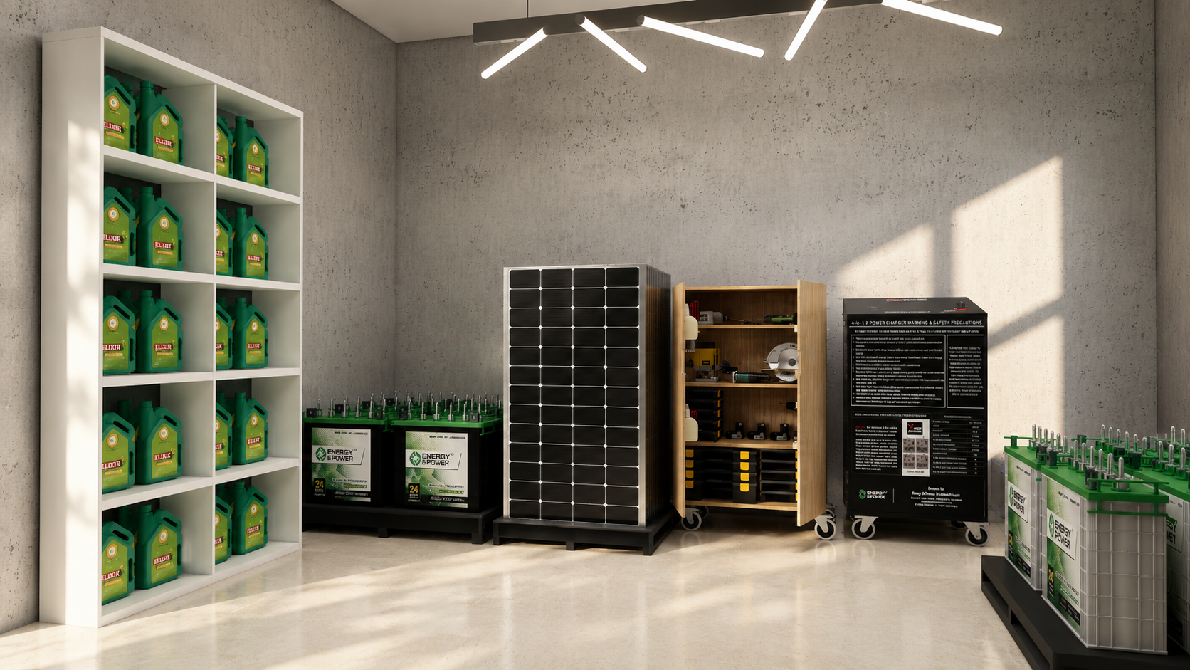 ReStore Life workshop with Elixir additive, refurbished batteries, solar panels and an X Power charger