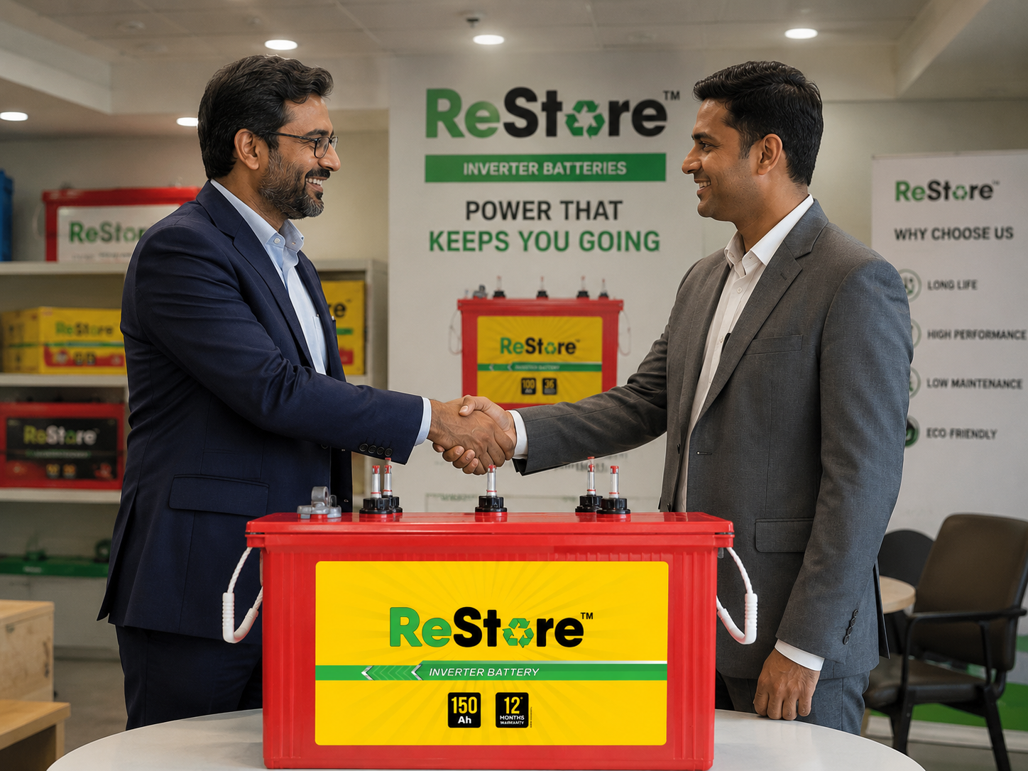 ReStore franchise partners shaking hands at a battery retail counter