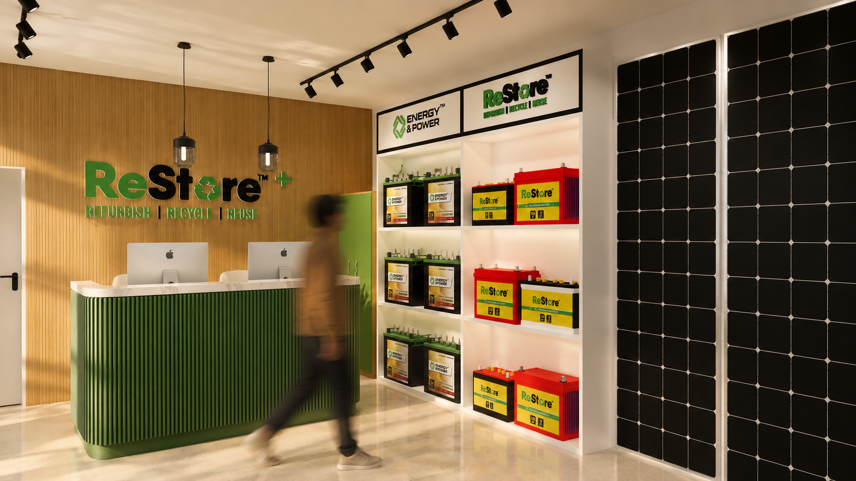 ReStore battery, solar and inverter showroom interior with stocked shelves and service counter