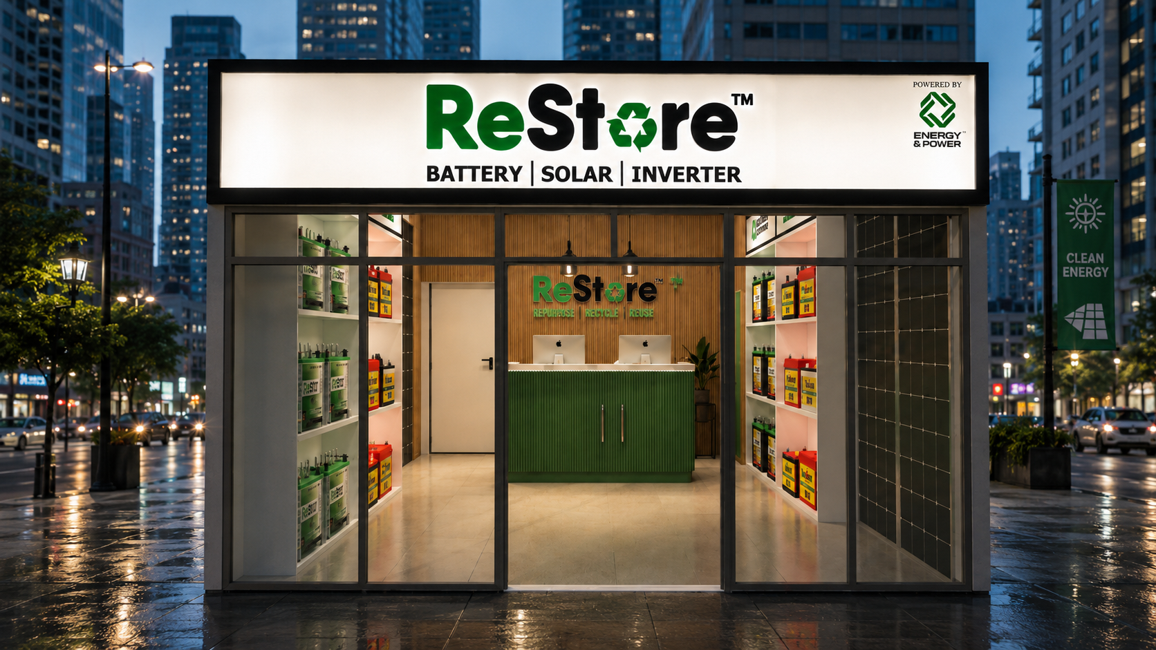 ReStore battery, solar and inverter storefront at night