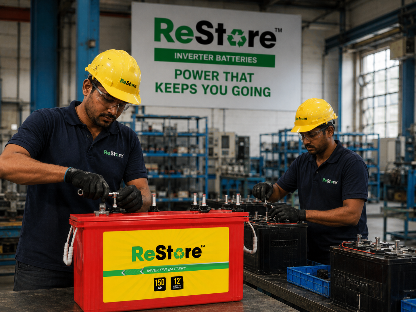 ReStore technicians operating X Power Regenerator equipment in a battery workshop